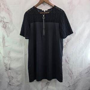 Avec Les Filles Dress Womens Large Black Lace Circle Front Zip V Mini Shift